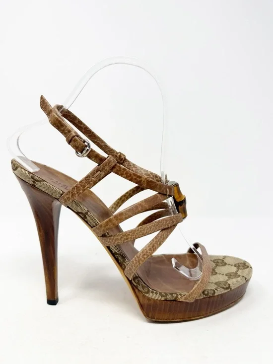 Gucci Bamboo GG Canvas Platform Sandals Heels Womens Size EU 38.5 - Picture 6 of 12